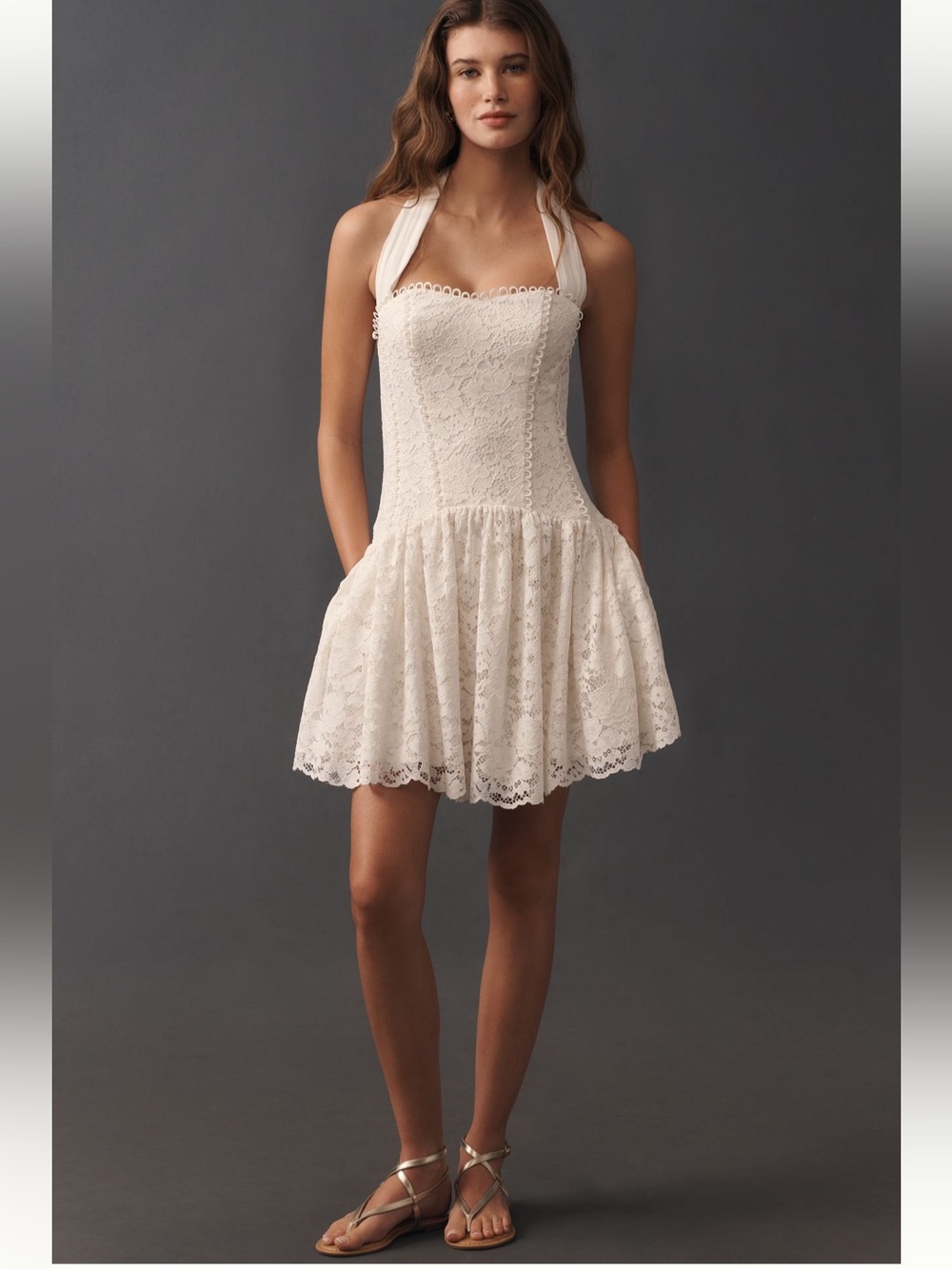 Anthropologie Romantic Lace Scalloped Halter Drop Waist Mini Dress NWT L Bridal